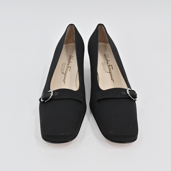 Salvatore Ferragamo Buckle Pumps Womens Size 6.5B Black Square Toe Quiet Luxury - Picture 4 of 12